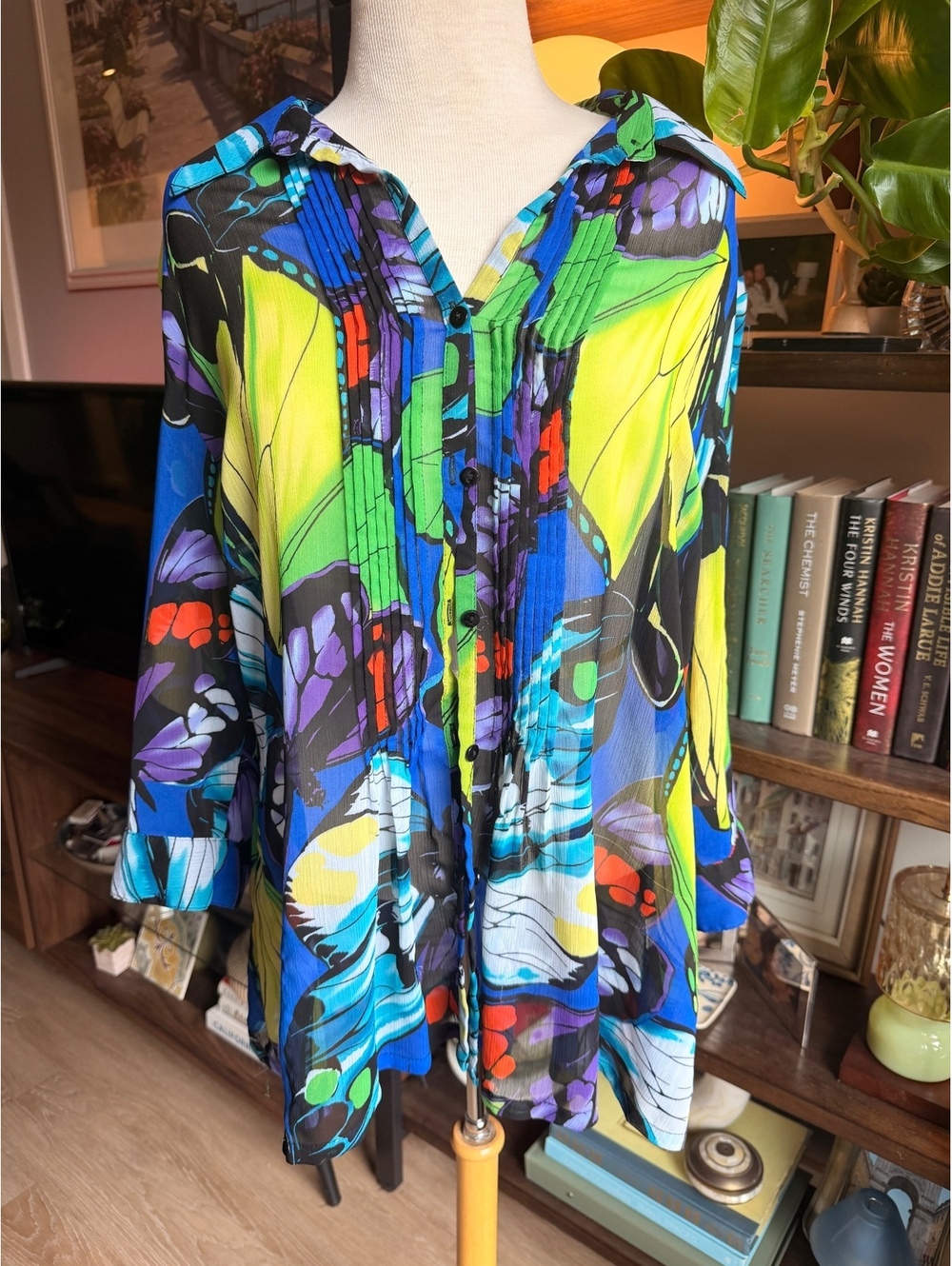 Erin London Vintage Sheer Butterfly Wing Button Down Shirt Large Eclectic
